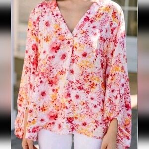 Entro Women's Pink Floral V-Neck Bishop Sleeve Blouse Size S